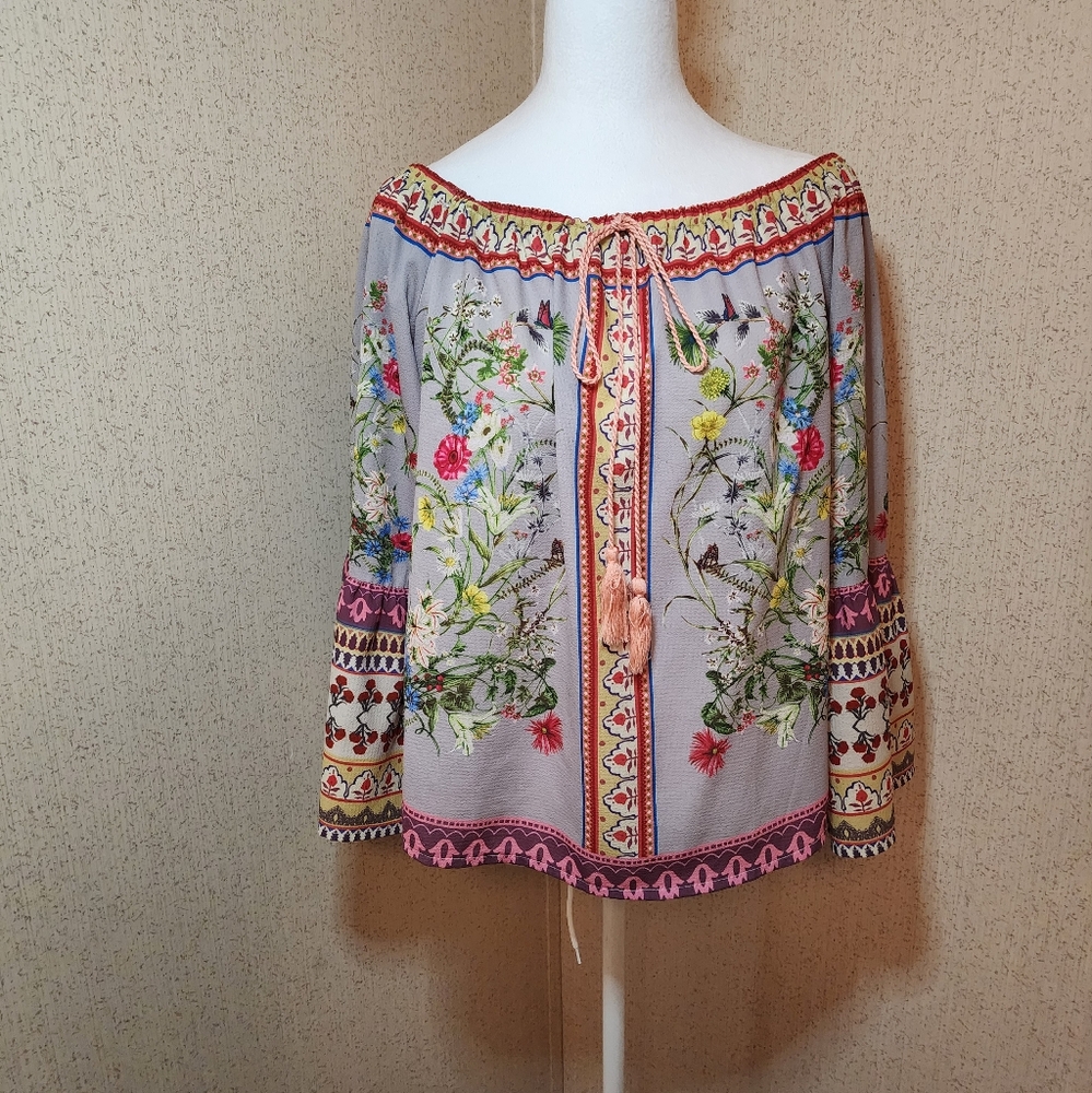 Umgee Womens Sz Small Floral Off The Shoulder BOHO Blouse Shirt Top Tropical